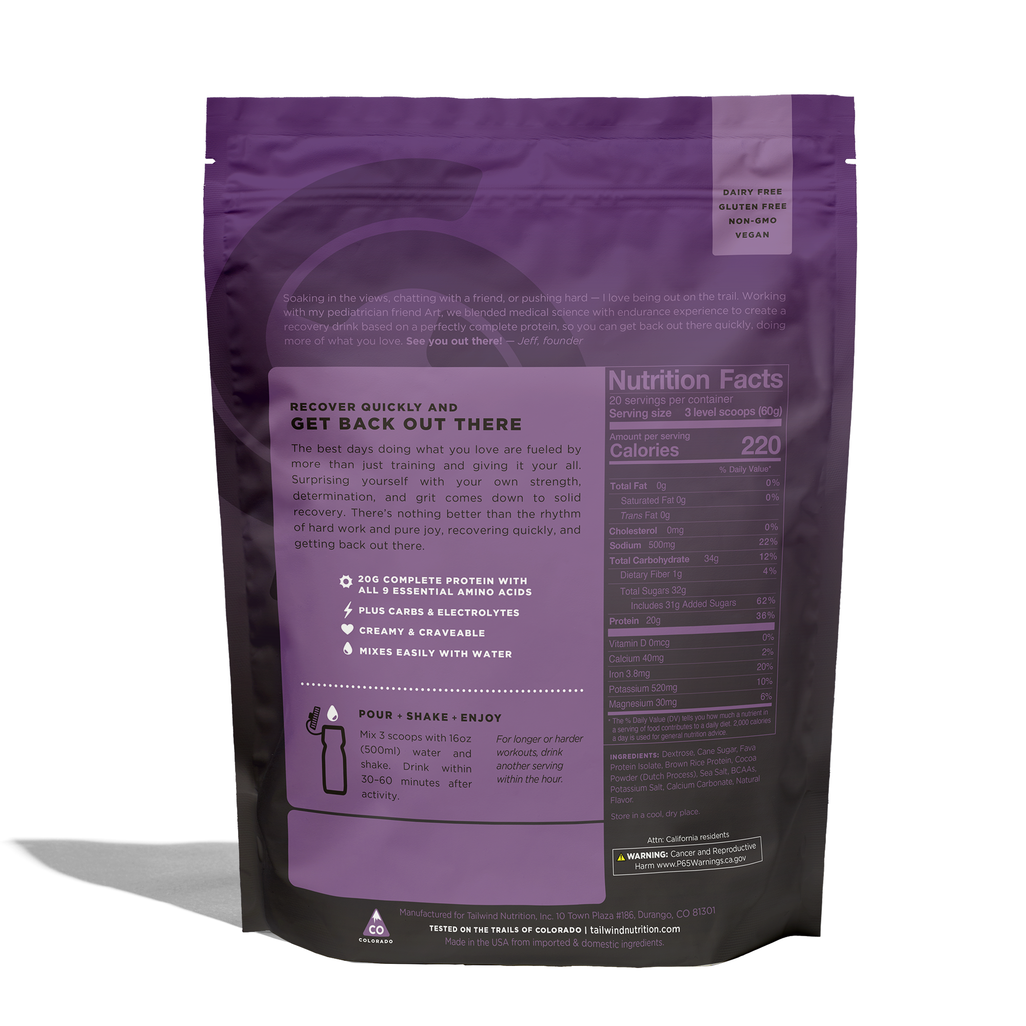 Tailwind Nutrition Fava Recovery Mix Chocolate - Large, Single Serve Tailwind Nutrition Fava Recovery Mix Chocolate - Large, Single Serve | Chocolate 20g Back (1)