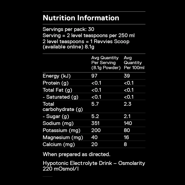 Revvies Hypotonic Electrolyte Drink Mix (30 Serves) | hydration--nutritional-information-slide-1683701991609
